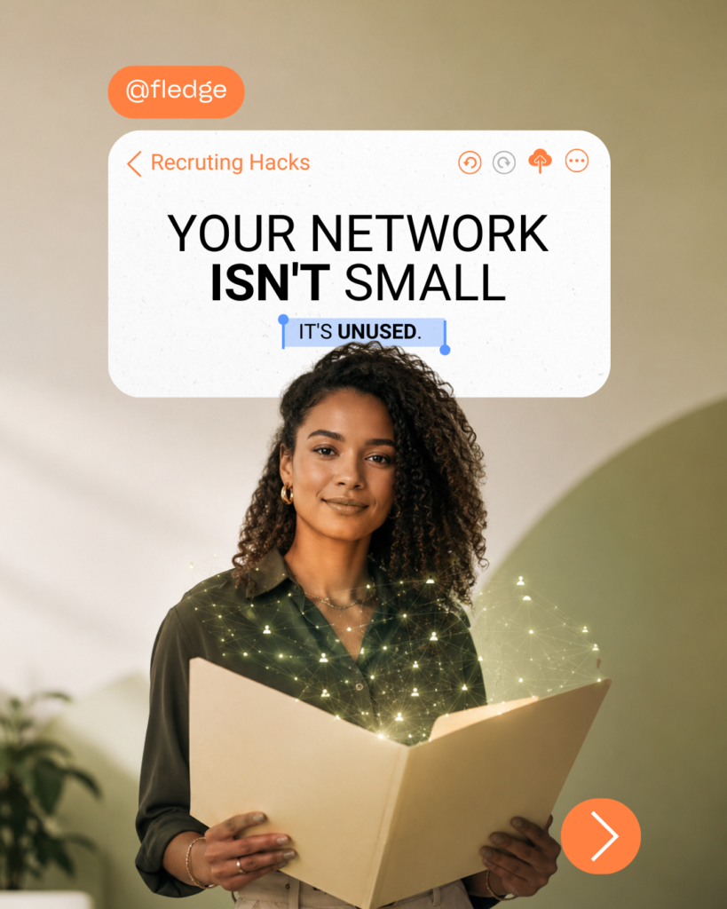 Woman holding an open folder with a glowing network graphic, text reads Your network isn't small, it's unused